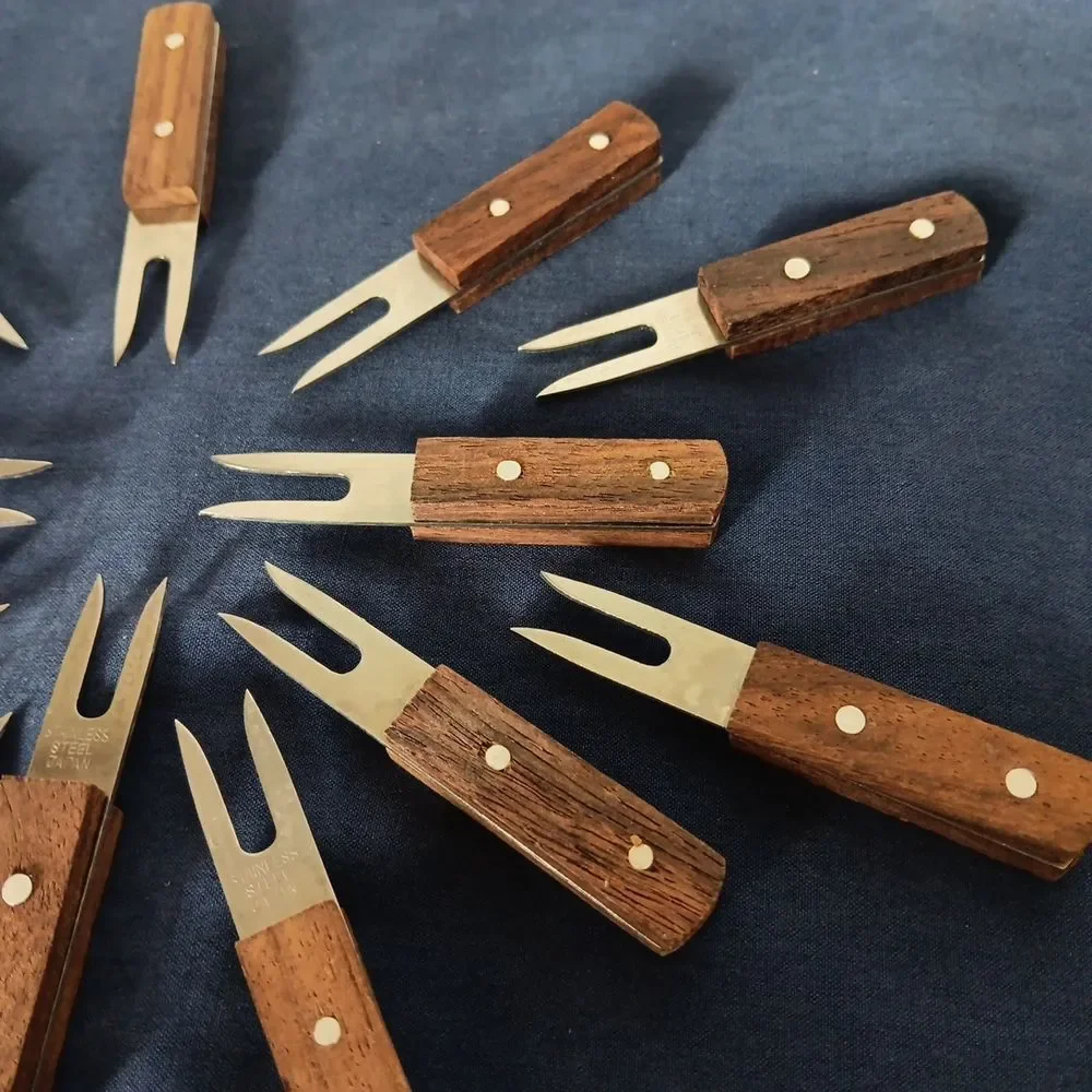Vintage MCM Japan Stainless Steel Corn Cob Appetizer Forks Hardwood Handles Lot